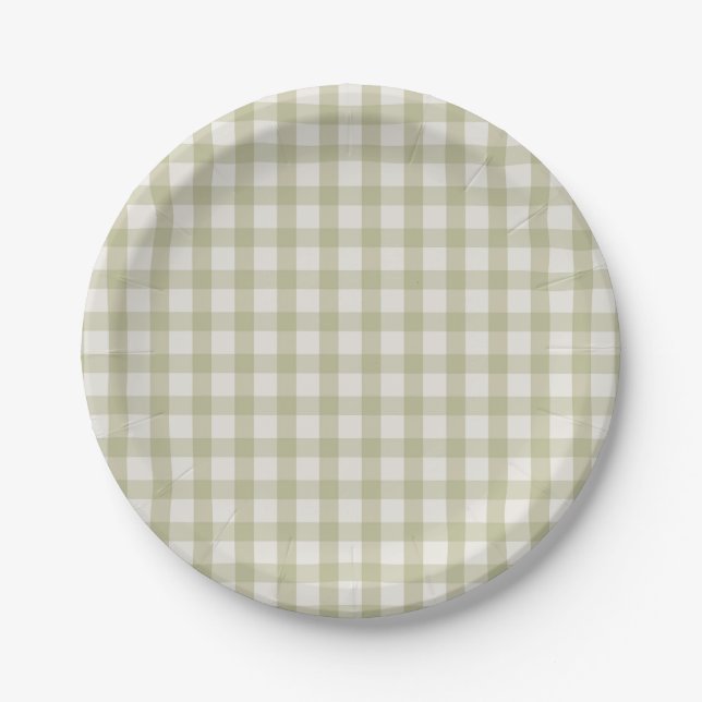 Simple Sage Green Gingham Paper Plate (Front)