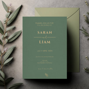 Simple Sage Green & Gold Elegant Romantic Wedding Invitation