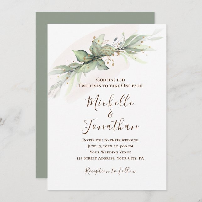 Simple Sage Green Gold Floral Christian Wedding Invitation (Front/Back)