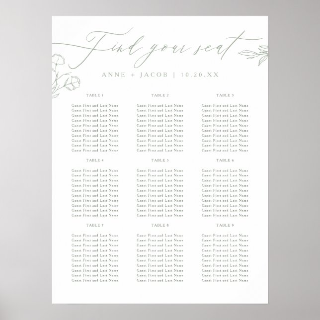 Simple Sage Green Greenery Wedding Seating Chart (Front)