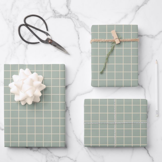 Simple Sage Green Grid Lines Graph Pattern Wrapping Paper Sheet (Front)