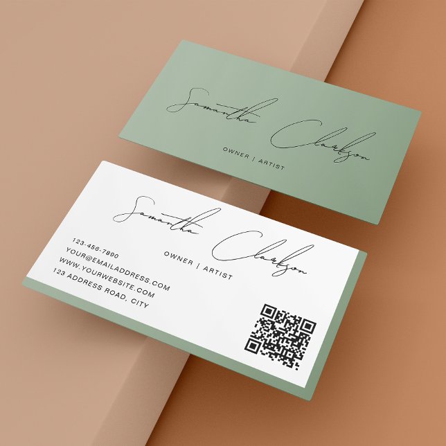Simple Sage Green Handwritten Script QR code Business Card (Creator Uploaded)