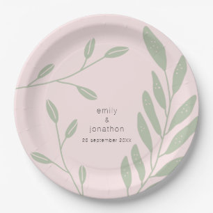 Simple Sage Green Leaves Names Date Pink Wedding Paper Plate