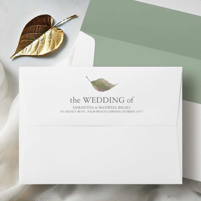 Simple Sage Green Leaves Return Address Wedding Envelope (Sage green a7 wedding envelopes feature an elegant watercolor leaf in a minimalist design.)