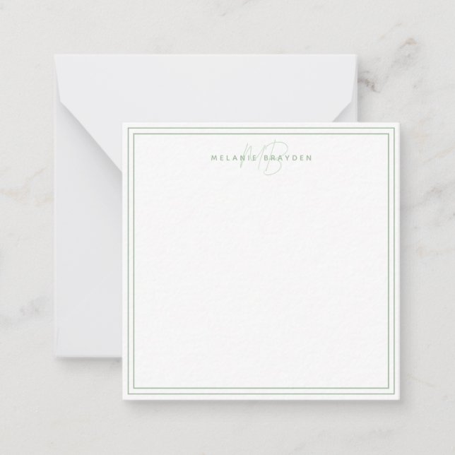 Simple Sage Green Minimalist Monogram Two Border Card (Front)