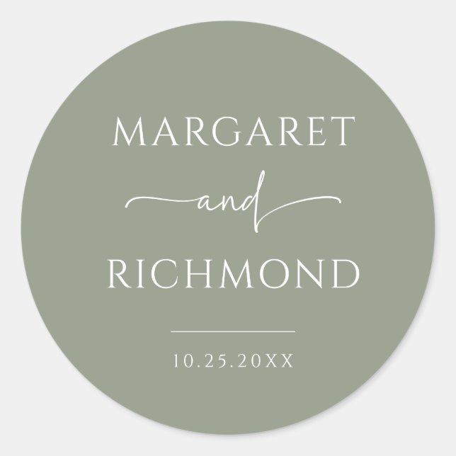 Simple Sage Green Minimalist Wedding Classic Round Sticker (Front)