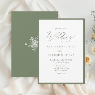 Simple Sage Green Monogram Calligraphy Wedding Invitation