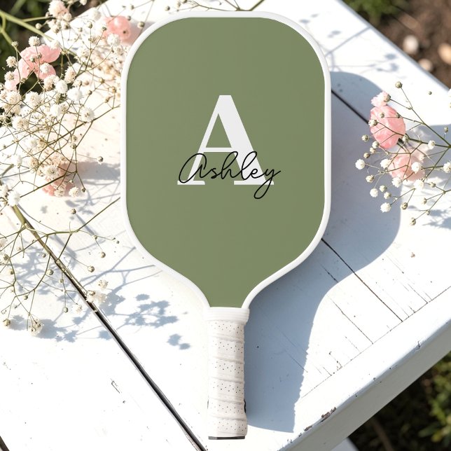 Simple Sage Green Monogram Initials  Pickleball Paddle (Creator Uploaded)