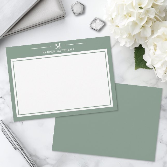 Simple Sage Green Monogram Stationery Card (Simple Sage Green Monogram Stationery Note Card)