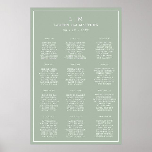 Simple Sage Green Monogram Wedding Seating Chart (Front)
