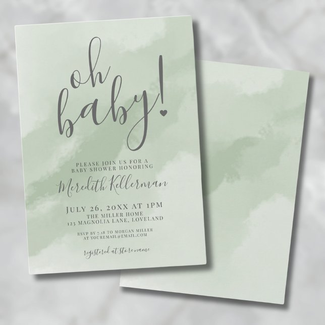 Simple Sage Green Oh Baby Shower Invitation (Simple Sage Green Baby Shower Invitation)