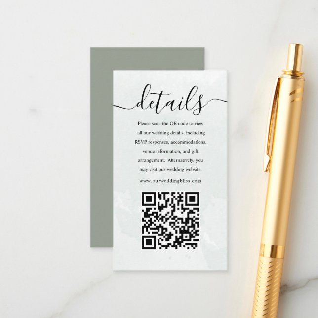 Simple Sage Green QR Code Wedding Details  Enclosure Card (Front/Back In Situ)