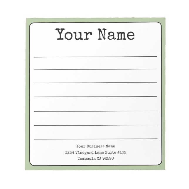 Simple Sage Green Retro Add Your Name Lined  Notepad (Front)