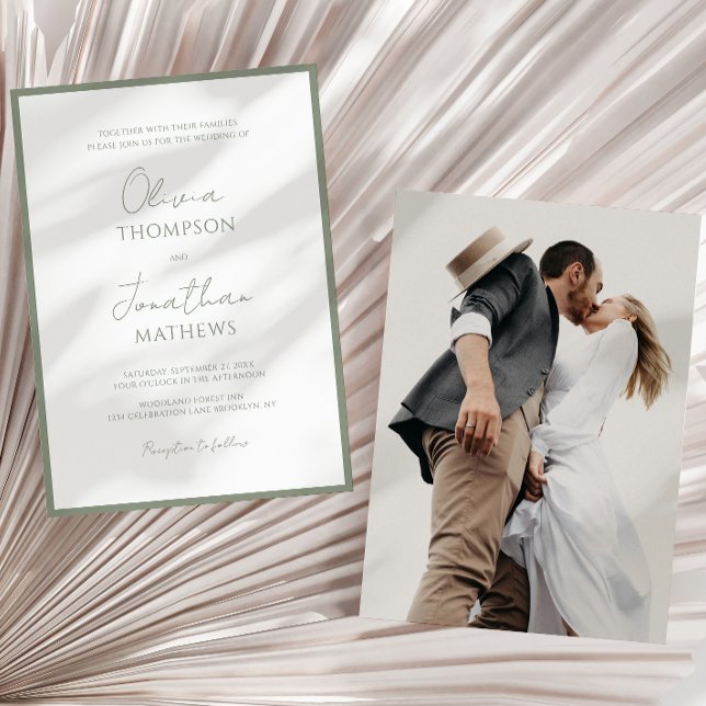 Simple Sage Green Script Photo Wedding Invitation (Creator Uploaded)