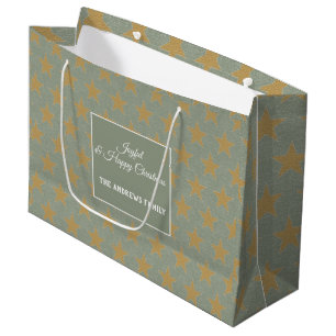 Simple Sage Green & Star Gold Christmas Large Gift Bag
