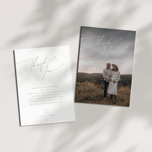 Simple Sage Green Vertical Photo Baby Shower Thank Thank You Card (Creator Uploaded)