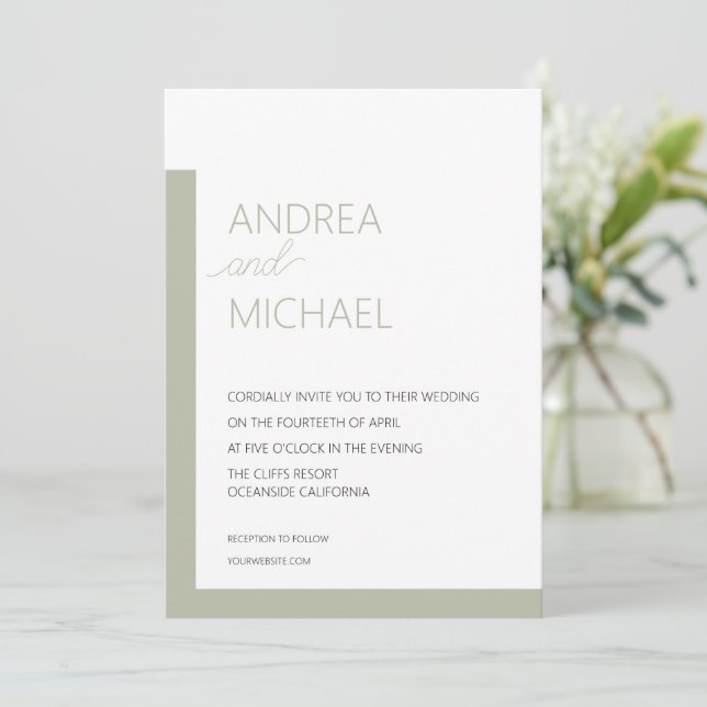 Simple Sage Green Wedding Invitation (Standing Front)