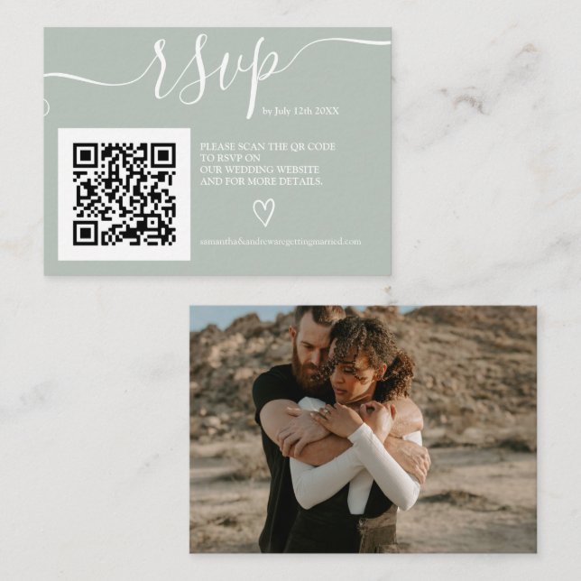 Simple sage green wedding rsvp Qr code photo Enclosure Card (Front/Back)