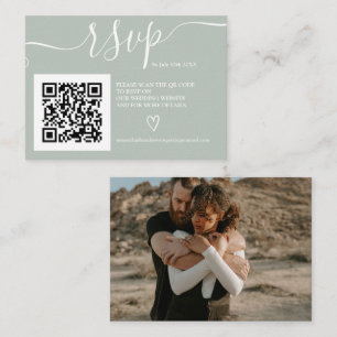 Simple sage green wedding rsvp Qr code photo Enclosure Card