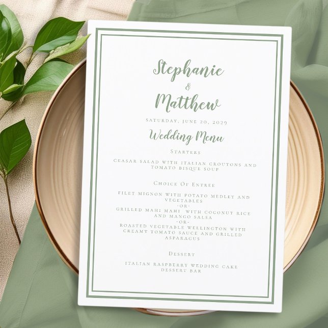 Simple Sage Green White Wedding Elegant Dinner Menu (Simple Sage Green White Wedding Elegant Dinner Menu)