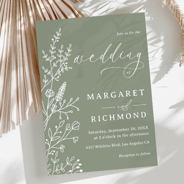 Simple Sage Green Wildflowers Boho Chic Wedding Invitation (Creator Uploaded)