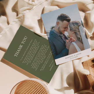 Simple Sage Green With Photo Wedding Thank You Card
