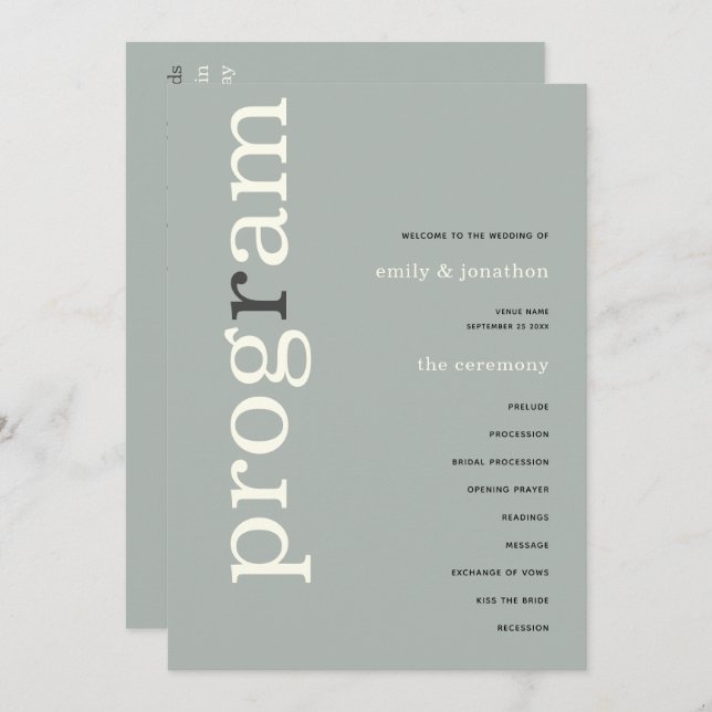 Simple Sage Ivory Text Wedding Program Invitation (Front/Back)