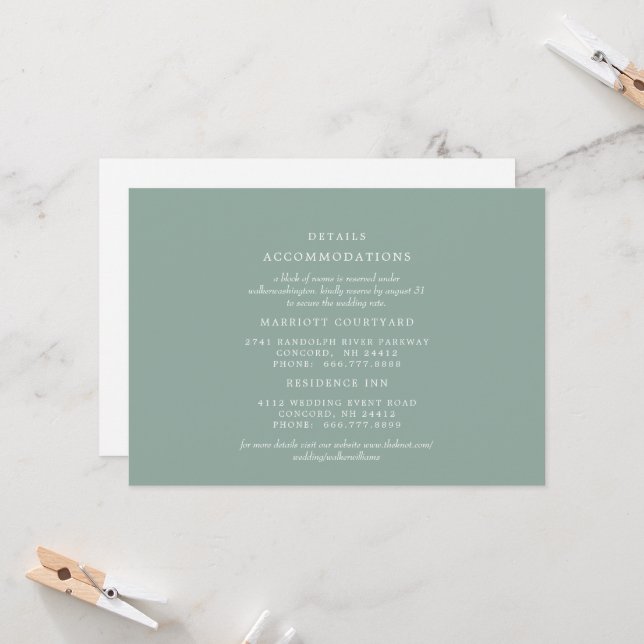 Simple Sage Wedding Details 2 Hotel Invitation (Front/Back In Situ)