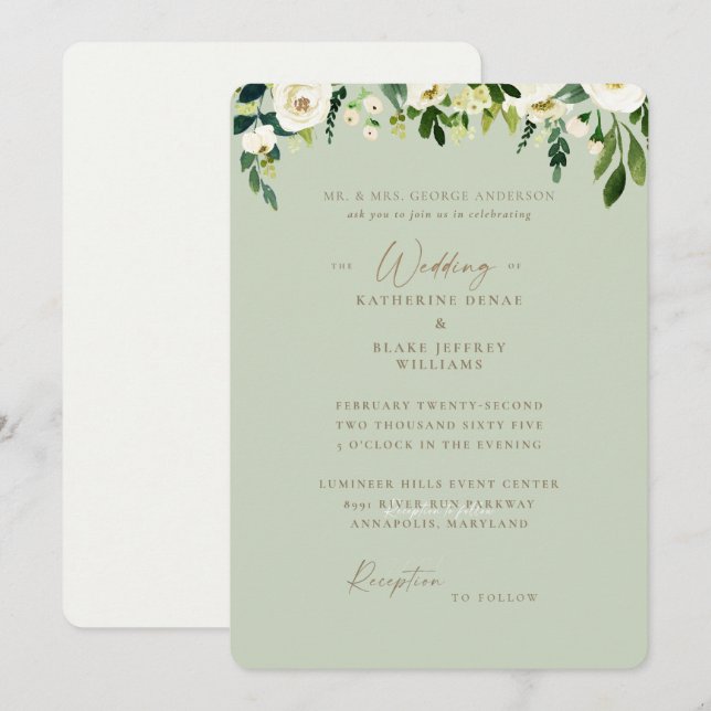 Simple Sage White Floral Bride Parents Wedding  Invitation (Front/Back)