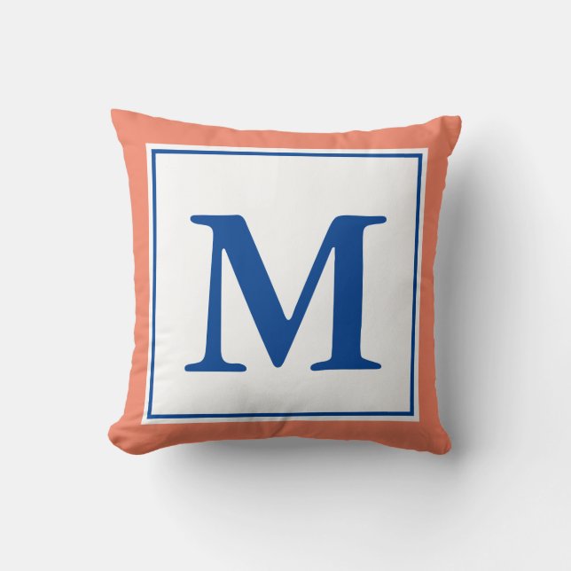 Simple Salmon and Deep Blue Monogrammed Cushion (Front)