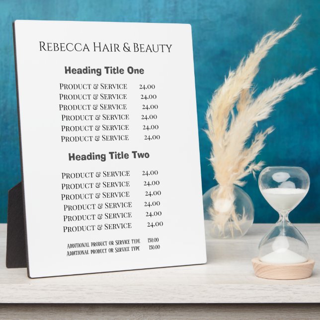 Simple Salon Spa Pricing & Service White Display Plaque (Side)
