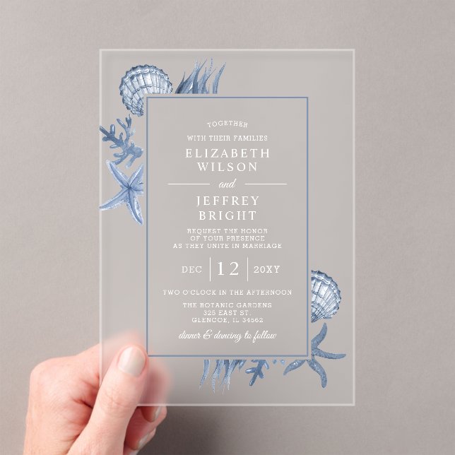 Simple Sandy Seashells Beach Wedding Acrylic Invitations (Insitu (Handheld))