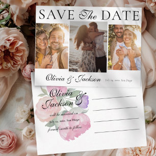 Simple Save the Date 3 Photo & Floral Wedding Announcement Postcard
