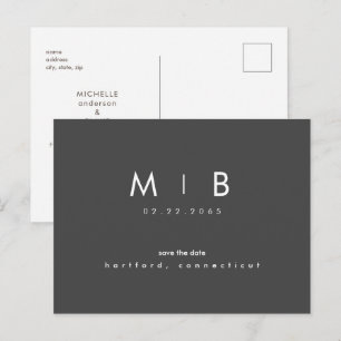 Simple Save the Date Monogram Charcoal Announcement Postcard