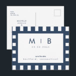 Simple Save the Date Navy Monogram Geometric Announcement Postcard<br><div class="desc">Simple & Sleek White with Navy Monogram Save the Date.  Wedding. First and Last Names.  Modern. Contemporary.  Spring.  Geometric.</div>