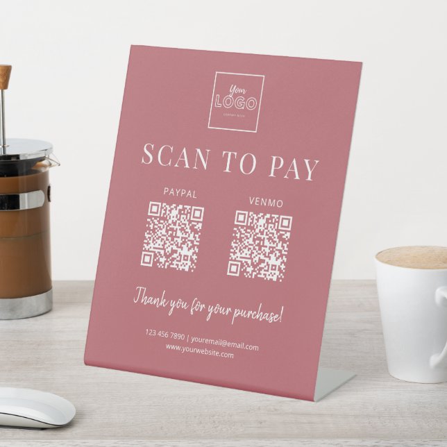 Simple Scan to Pay Logo QR Code Payment Dusty Red Pedestal Sign (In SItu)