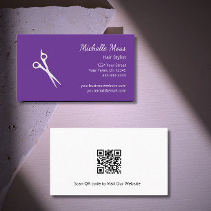 Simple Scissors QR code Hair Stylist Cute Purple Business Card
