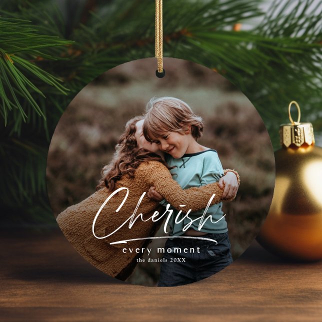 Simple Script 2 Photo Christmas Holiday Ceramic Tree Decoration (Simple script cherish every moment 2 photo christmas tree holiday ornament.)