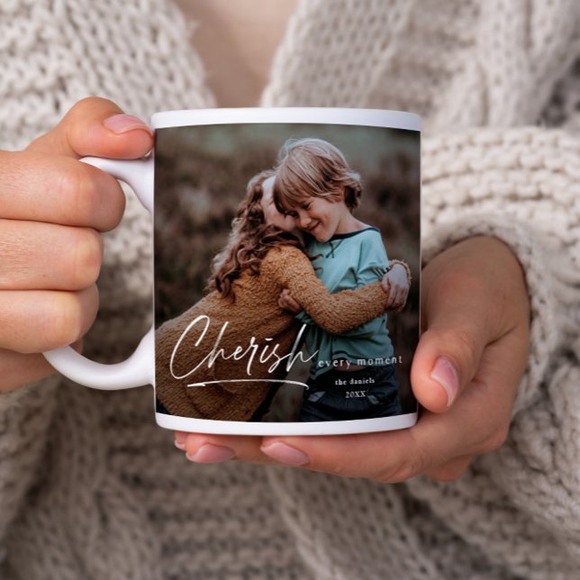 Simple Script 2 Photo Christmas Holiday Large Coffee Mug (A simple photo mug with script cherish every moment message.)