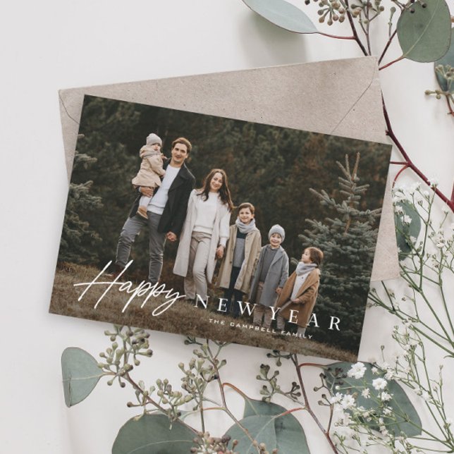 Simple Script 3 Photo Happy New Year Holiday Card (Simple Script Happy New Year Photo Card with elegant typography.)