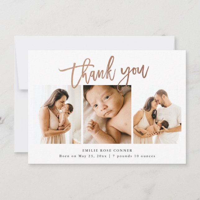 Simple Script Baby 3 Photo Birth Stat Thank You Card (Front)