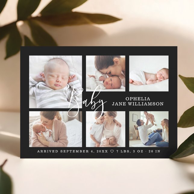 Simple Script Baby Birth Photo Collage Black Magnetic Invitation (Simple Script Baby Birth Photo Collage Black Magnetic Invitation)