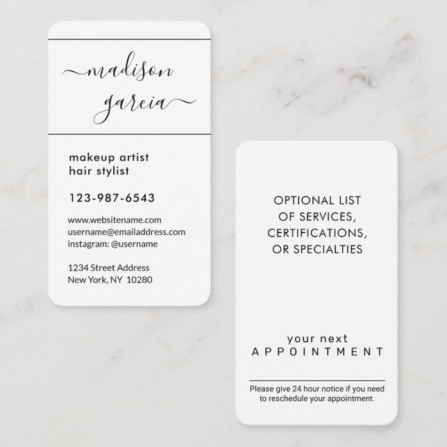 Simple Script Black and White Modern Vertical Appointment Card (Front/Back)