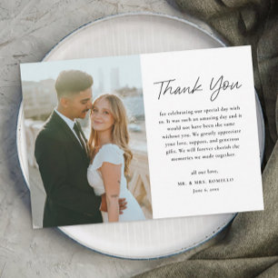 Simple Script Black and White Photo Wedding Thank You Card