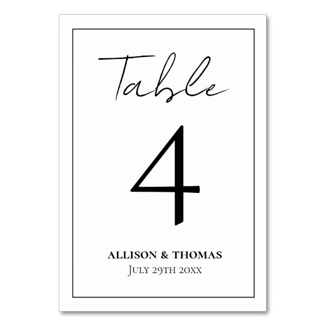 Simple Script Black and White Table Number (Front)