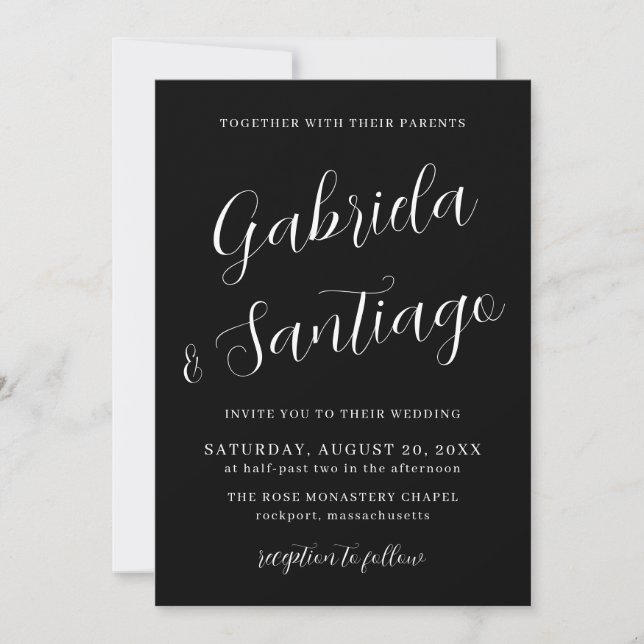 Simple Script Black and White Wedding  Invitation (Front)
