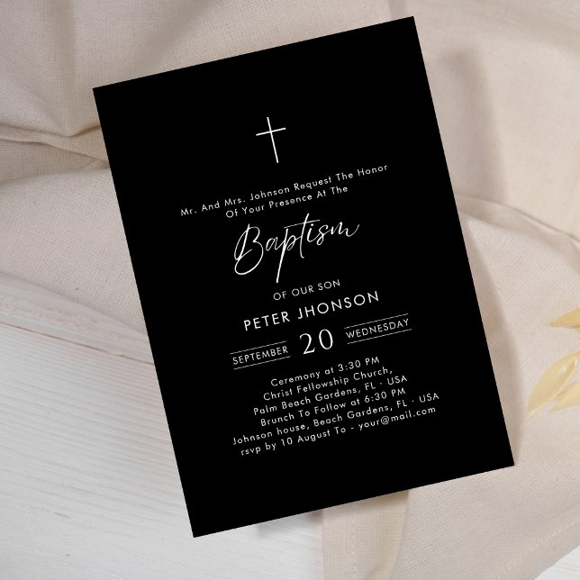 Simple Script Black Gender Neutral Baptism Invitation (Creator Uploaded)