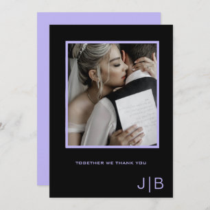 Simple script black & lavender monogram photo thank you card