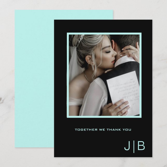  Simple script black & teal minimalist photo  Thank You Card (Front/Back)