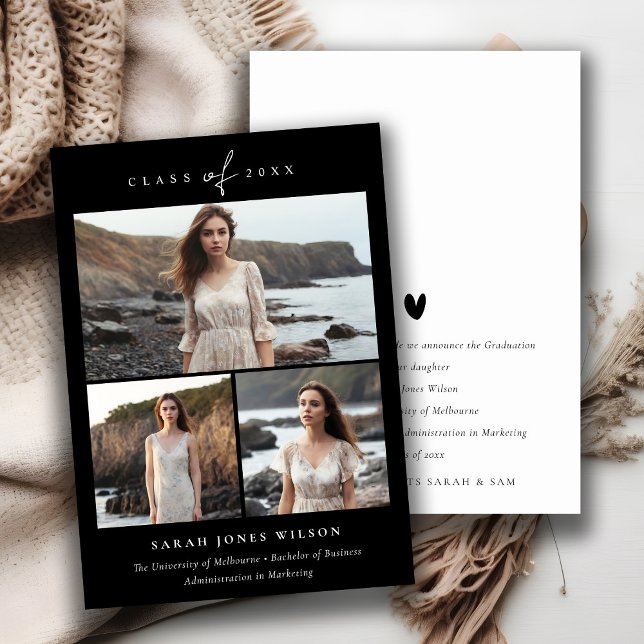 Simple Script Black & White 3 Photo Graduation Announcement (Creator Uploaded)